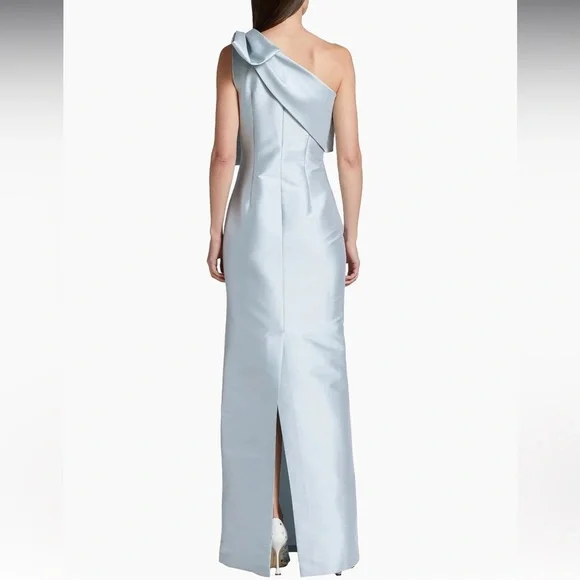 Sachin and Babi BONNIE one shoulder bow sliver gown Sz 4 - Picture 4 of 9